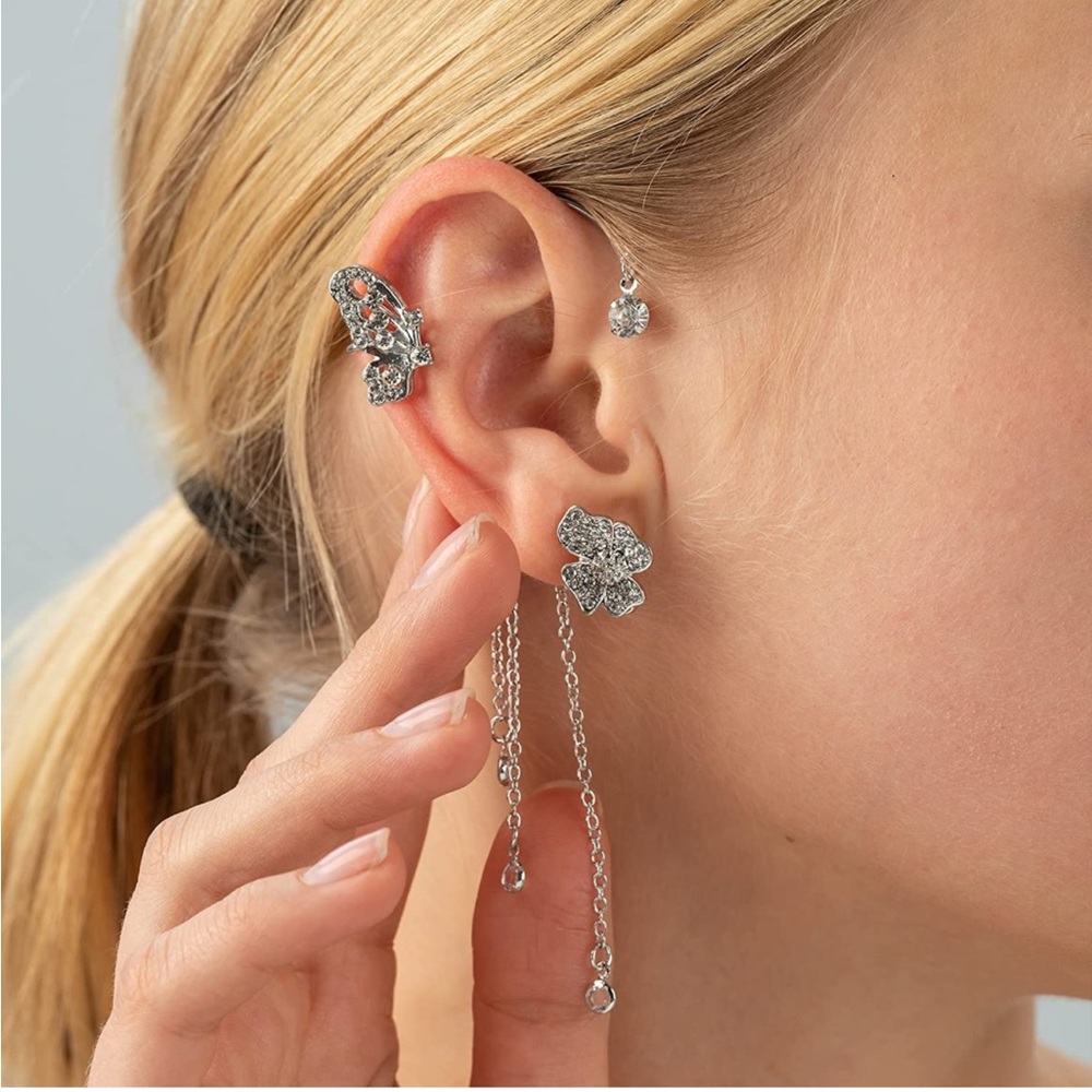 Butterfly and Flower Tassel Ear Cuffs Silver Platinum Finish Butterfly Cuff Set
